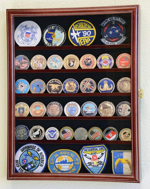 56 Challenge Coin Display Case Cabinet - Fully Adjustable Shelves - Larger Coins - 98% UV Protection (Cherry Finish)