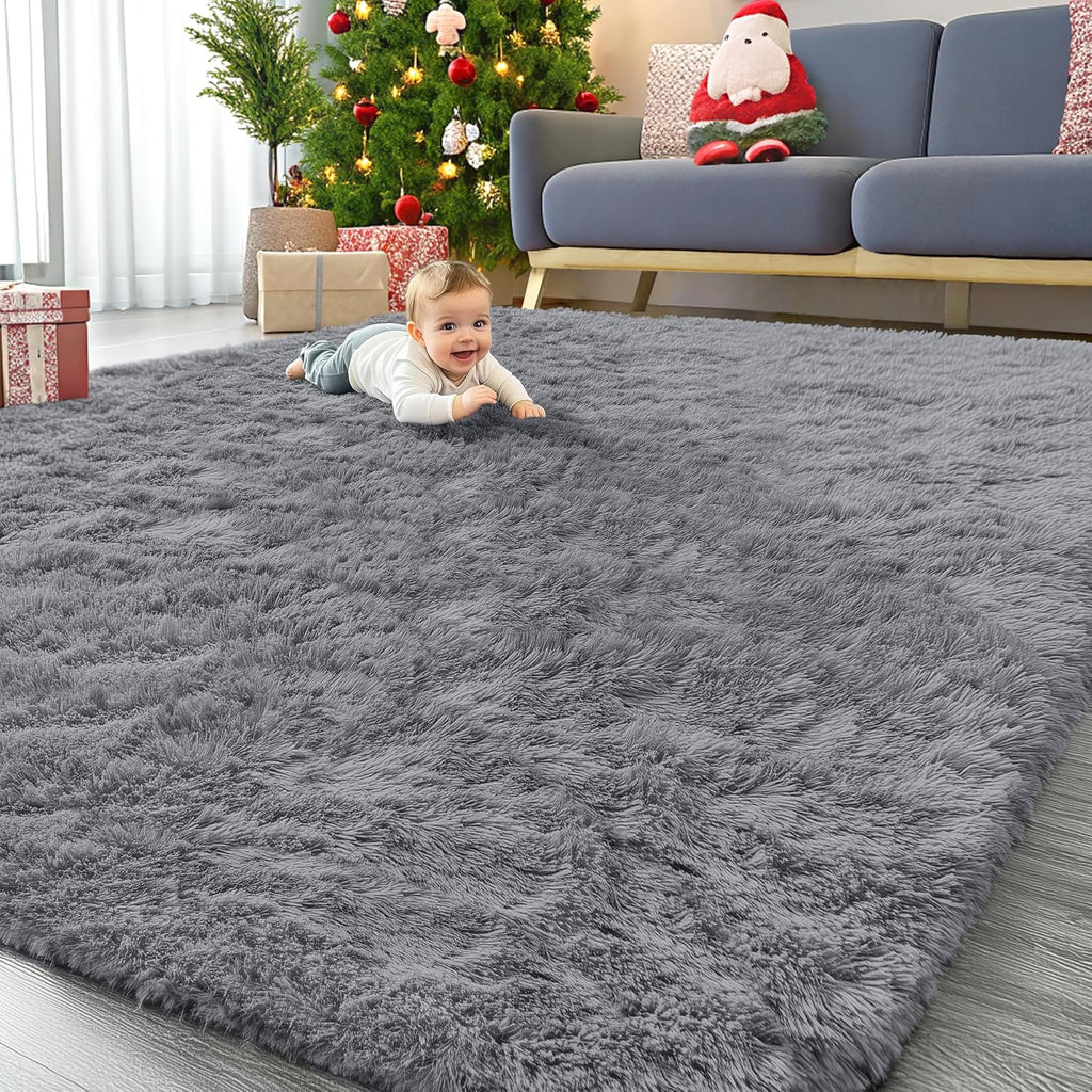 OLANLY Area Rugs - Soft Fluffy Shaggy Indoor Carpet for Living Room & Bedroom | Light Grey 6x7 ft