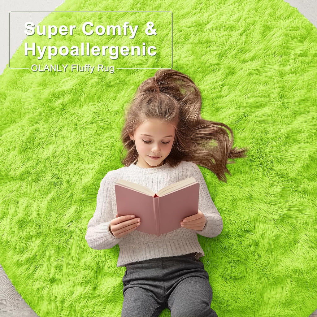 OLANLY Round Lime Green Area Rug - Soft, Fluffy, Machine Washable 9 ft Circle Carpet for Bedrooms & Nurseries