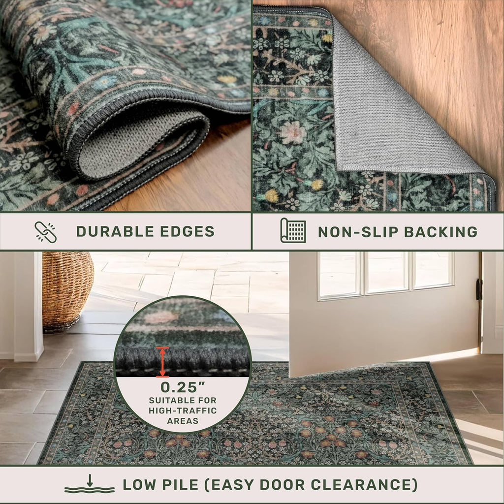 Skiennix 8ft Long Hallway Runner - Non-Slip, Washable Rubber Backing | Vintage Floral Dark Green & Black