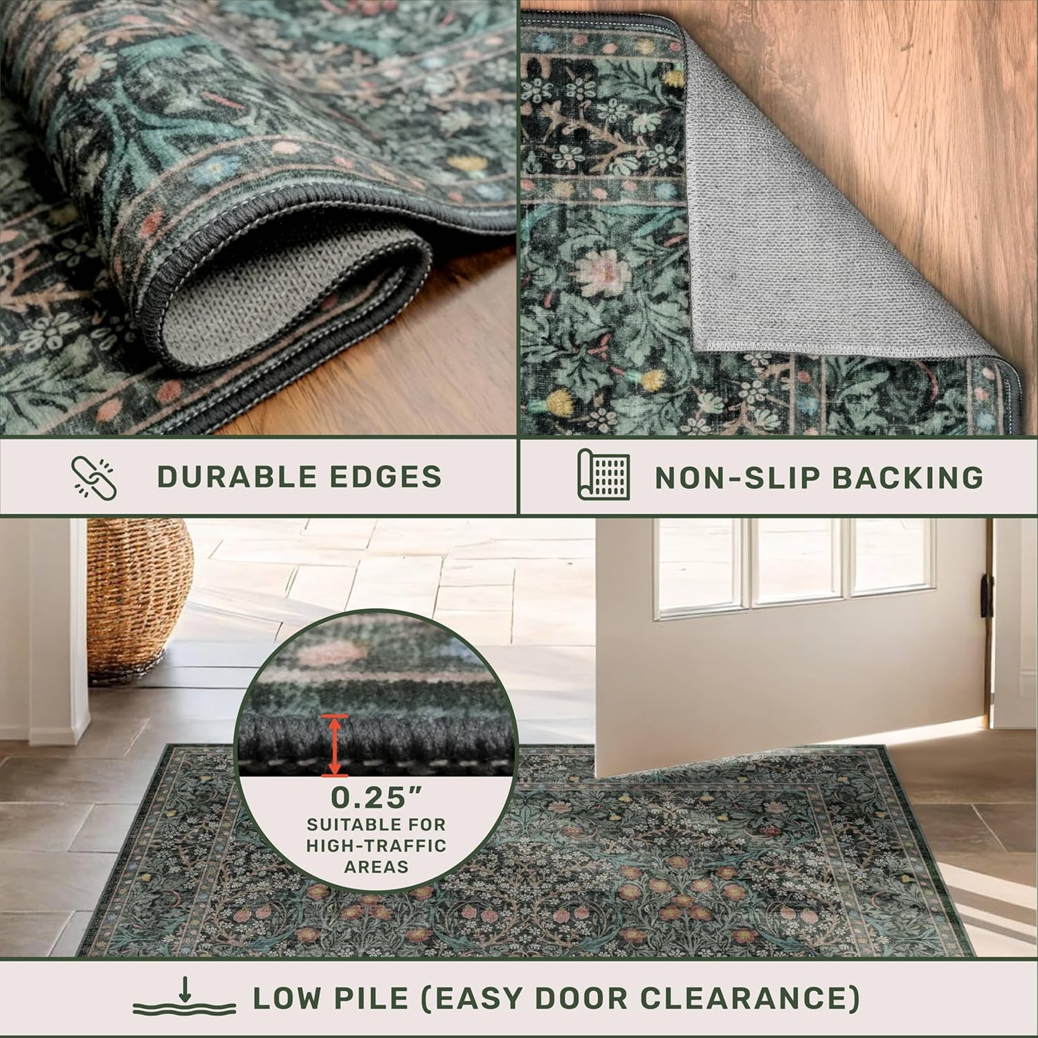 Skiennix 8ft Long Hallway Runner - Non-Slip, Washable Rubber Backing | Vintage Floral Dark Green & Black