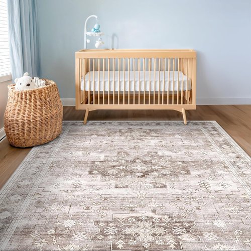 Farmhouse Large Entryway Rug by Washable | Non-Slip, Stain Resistant, 3x6 Beige/Latte for Kitchen & Nursery