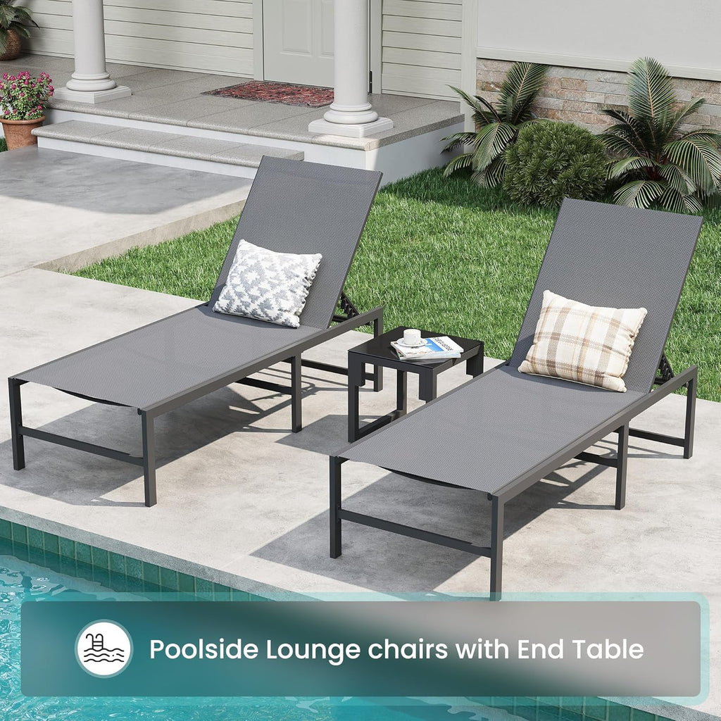 Amopatio 3-Piece Patio Lounge Chair Set - Adjustable Outdoor Chaise Lounge with Side Table | Weather-Resistant, 400 LBS Capacity (Gray)