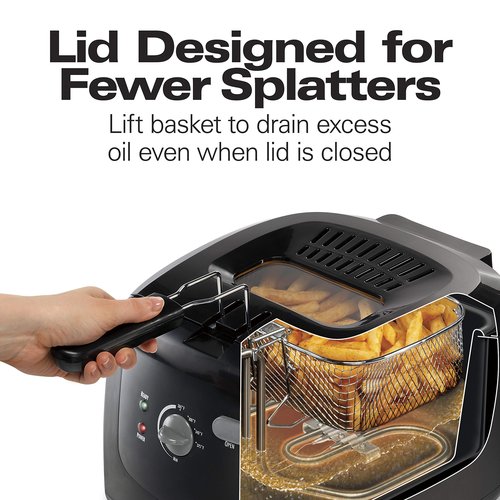 Hamilton Beach Cool Touch Electric Deep Fryer with Basket and Lid, 2 Liters / 8 Cups Oil Capacity, Adjustable Temperature, 1500 Watts for Fast Heat-up, viewing Window Easy to Clean, Black (35021)