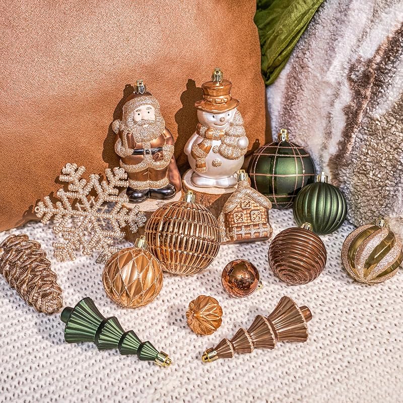 Earth Tone 179-Pack Christmas Tree Ornaments Set with Lanyard - Shatterproof Baubles & Snowmen, Santa, Pine Cones, Tree Topper