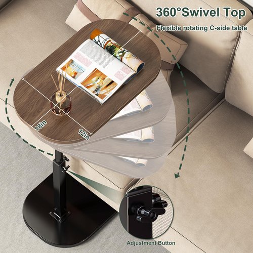 C Shaped Side Table, Adjustable Height C Shaped End Table, 360°Swivel Couch Side Tables That Slide Under, Modern Small Coffee C Table End Table for Sofa/Bed/Bathtub, Rotating Tabletop (Walnut)