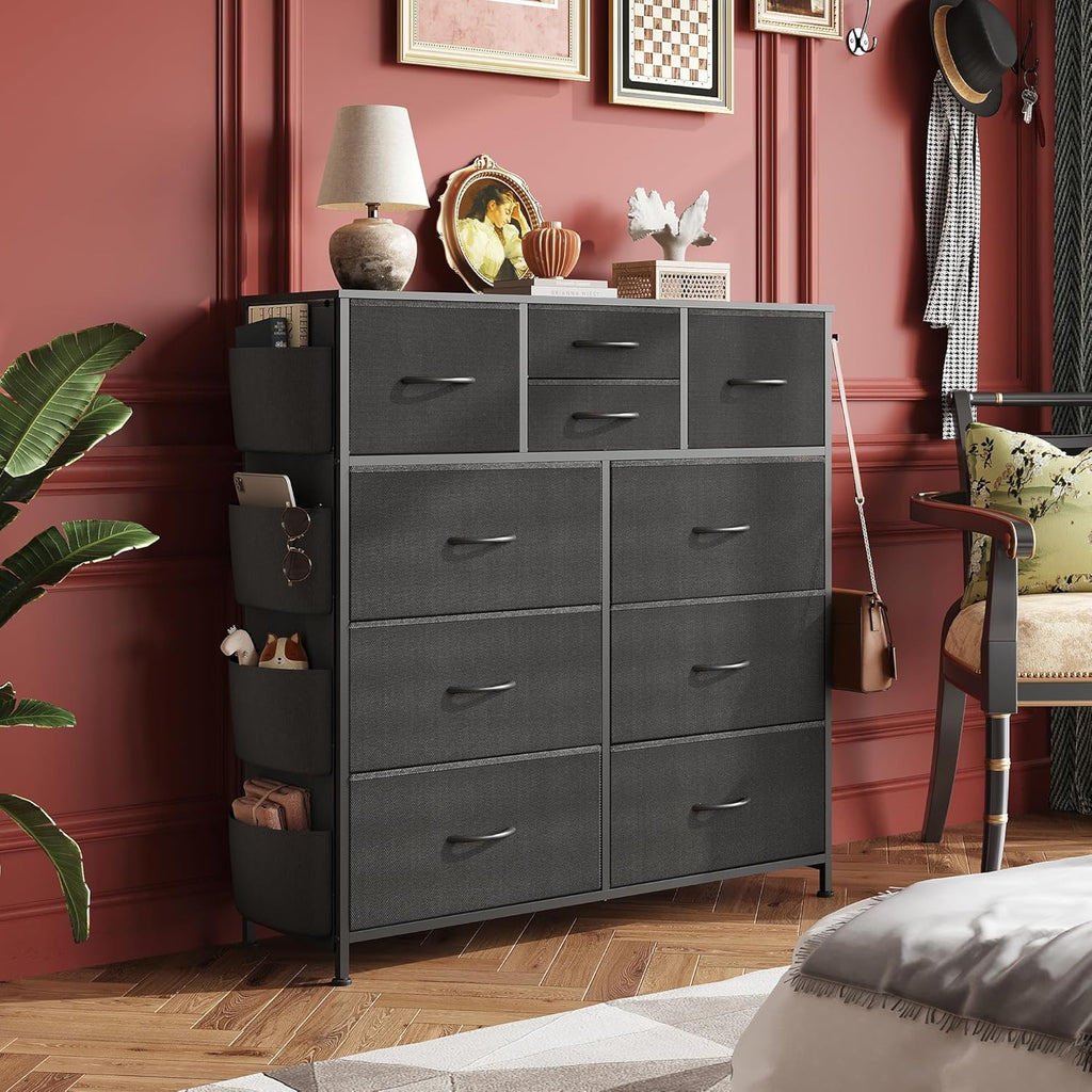 WLIVE Dresser - 10 Drawer Fabric Chest with Side Pockets & Hooks | Sturdy Metal Frame, Black
