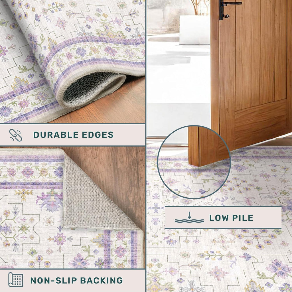 Skiennix Light Purple Area Rug - Non-Slip, Washable Design for Girls' Bedroom | 5x7 Size, Lavender & Cream with Green Accents