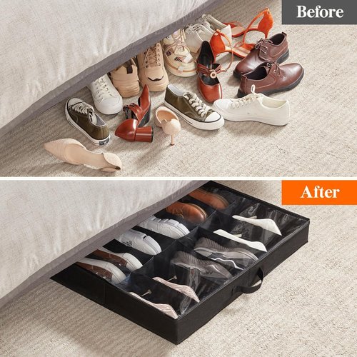 Lifewit Under Bed Shoe Storage Organizer - 2 Pack for 12 Pairs + 4 Pairs | Foldable Fabric Boxes with Clear Cover - Black