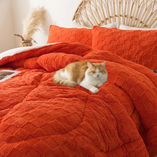 ELNIDO QUEEN® Fluffy Comforter Set King, Burnt Orange Winter Fleece Comforter Ultra Soft & Extra Pluffy Plush Comforter Set, Cozy Fuzzy Bed Comforter 3 Pieces (1Comforter, 2 Pillowcases),102x90 inch