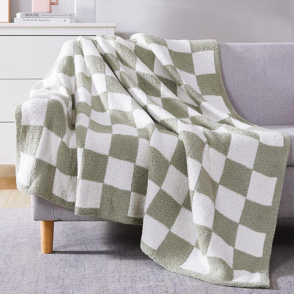 WRENSONGE Checkered Throw Blanket - Soft Sage Green Cozy Handmade Blanket for Couch, Sofa, Travel