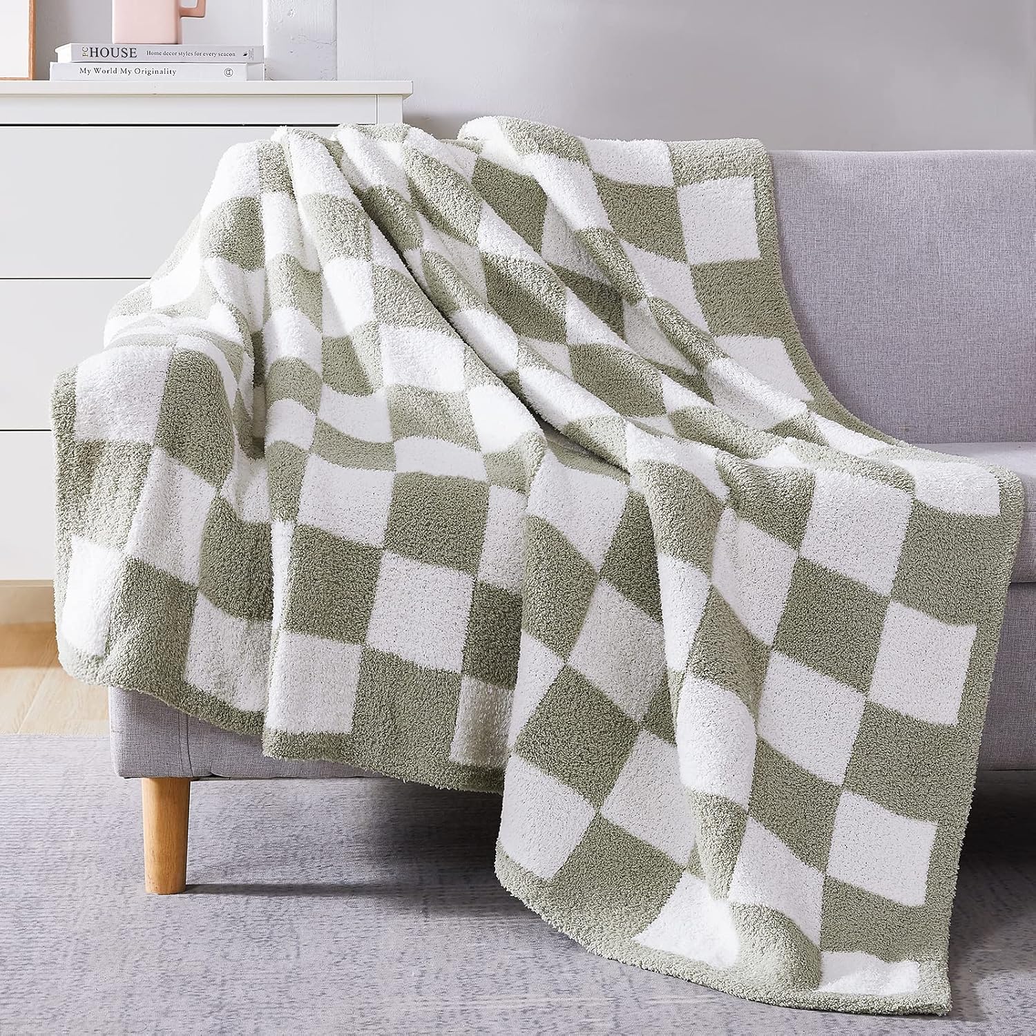 WRENSONGE Checkered Throw Blanket - Soft Sage Green Cozy Handmade Blanket for Couch, Sofa, Travel