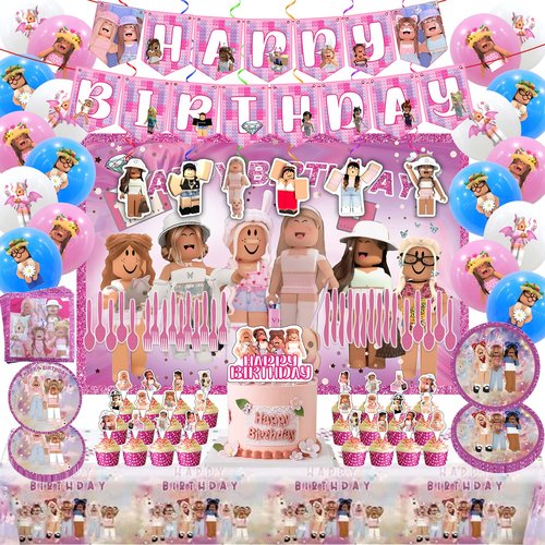 Birthday Party Supplies - Theme Children's Party Decorations Included Happy Birthday Banner, Backdrop, Hanging Swirls, Tablecloth, Cupcake Cake Toppers, Plates, Tableware, Napkins, Balloons