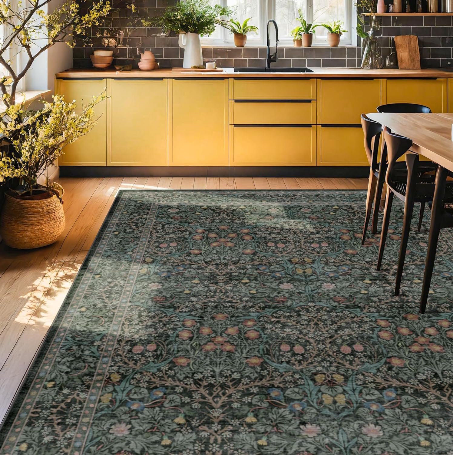 Skiennix Vintage Dark Green Area Rug - Washable 8x10 Oriental Carpet for Living Room & Dining Room