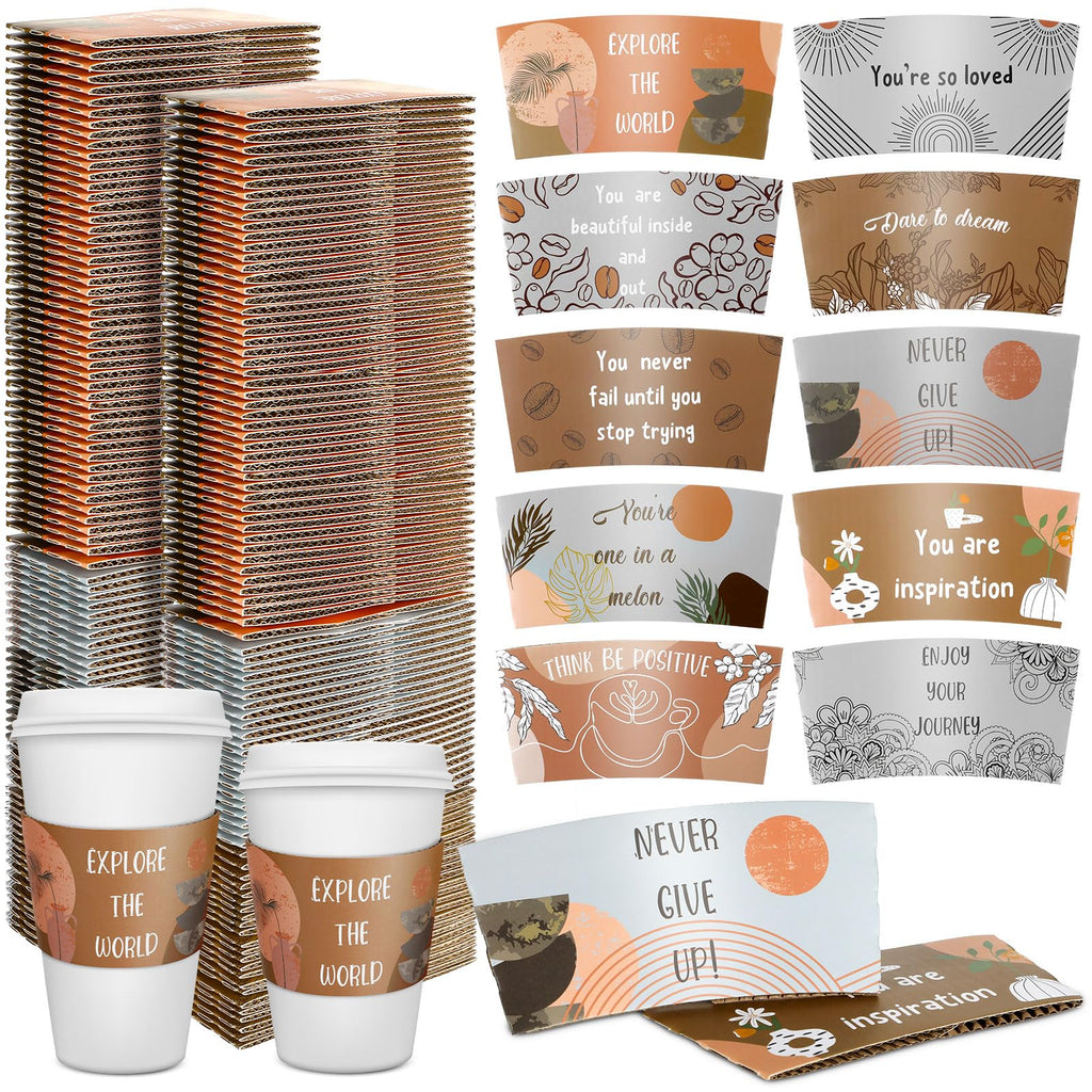 Dingion 200 Pack Coffee Cup Sleeves Corrugated Cardboard Motivational Disposable Sleeve for Inspiring Cold or Hot Beverage Chocolate Coffee Tea, Fits 12oz 16oz Paper Cups