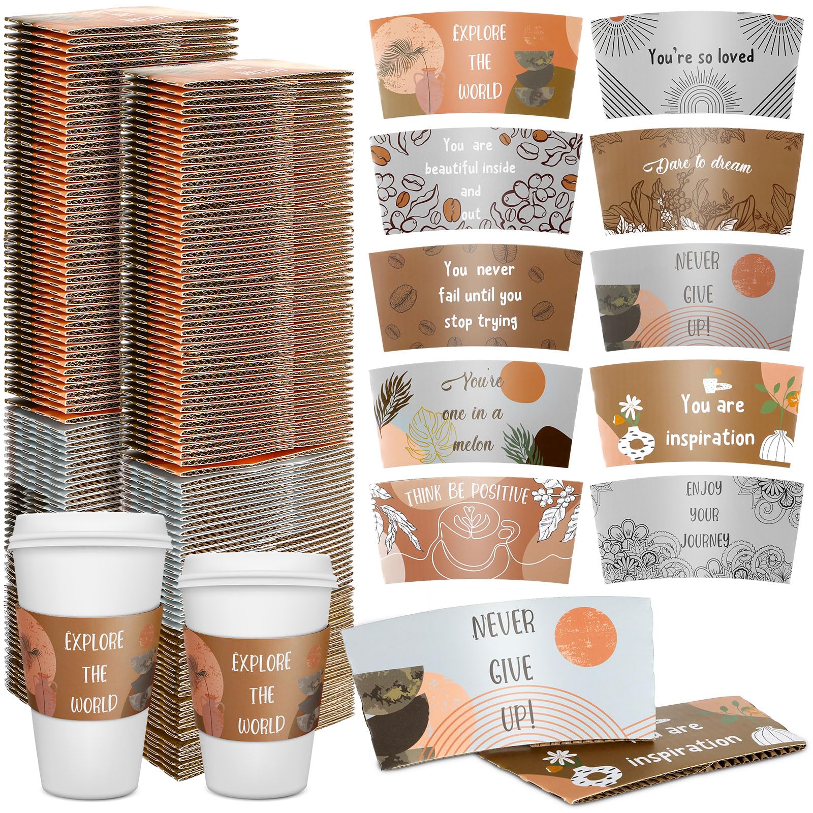 Dingion 200 Pack Coffee Cup Sleeves Corrugated Cardboard Motivational Disposable Sleeve for Inspiring Cold or Hot Beverage Chocolate Coffee Tea, Fits 12oz 16oz Paper Cups