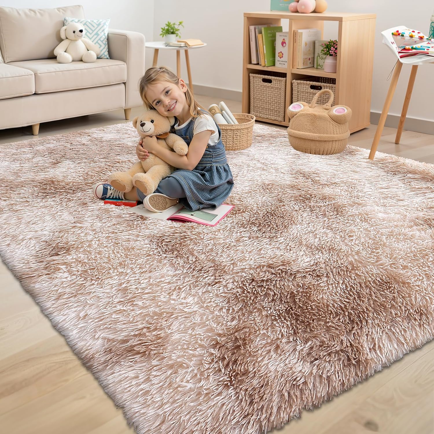 OLANLY Area Rug - Soft Fluffy Shaggy Design | Machine Washable 4x5.9 Feet | Beige Tie-Dye for Living Room & Nursery Decor