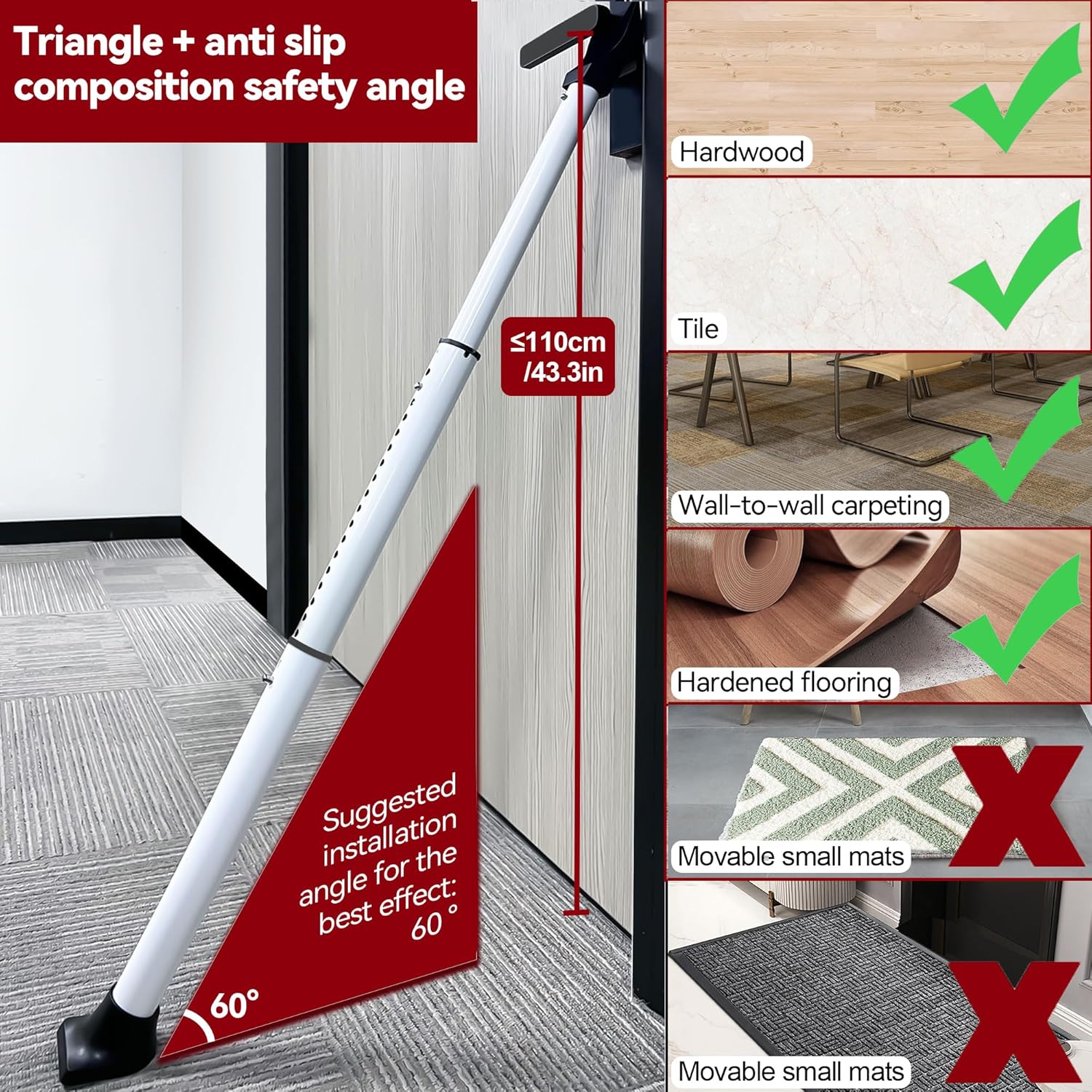 AceMining Door Security Bar - Heavy Duty Adjustable Jammer for Home & Travel | 1 Pack, White