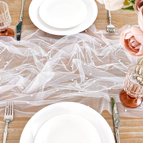 Pearl Gauze Table Runner Pack of 12 Tulle Fabric Lace Boho Sheer Dinner Runners 10ft Table Runners for Bridal Shower Birthday Party Wedding Arch Veil Dessert Desk Decorations