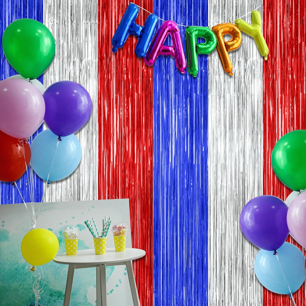 Patriotic Tinsel Backdrop by [Brand Name] - 12 Pack Metallic Blue, Silver & Red Fringe Curtains | 3.28 FT x 7.05 FT Independence Day Party Decor