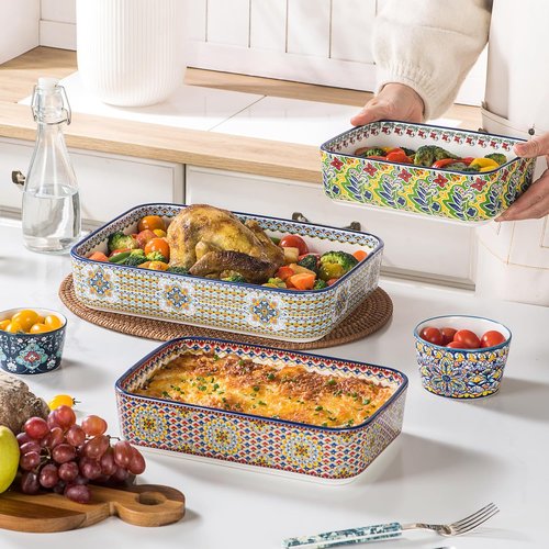 Boho Style Ceramic Baking Dishes Set of 3 | Rectangular Casserole Dishes for Oven, Roasting & Serving