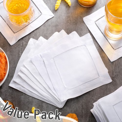 80 Pcs Linen Cocktail Napkins Bulk 6 x 6 Inch Cloth Hemstitch Fabric Napkins for Party Wedding Bar Beverage Coffee Dessert (White)