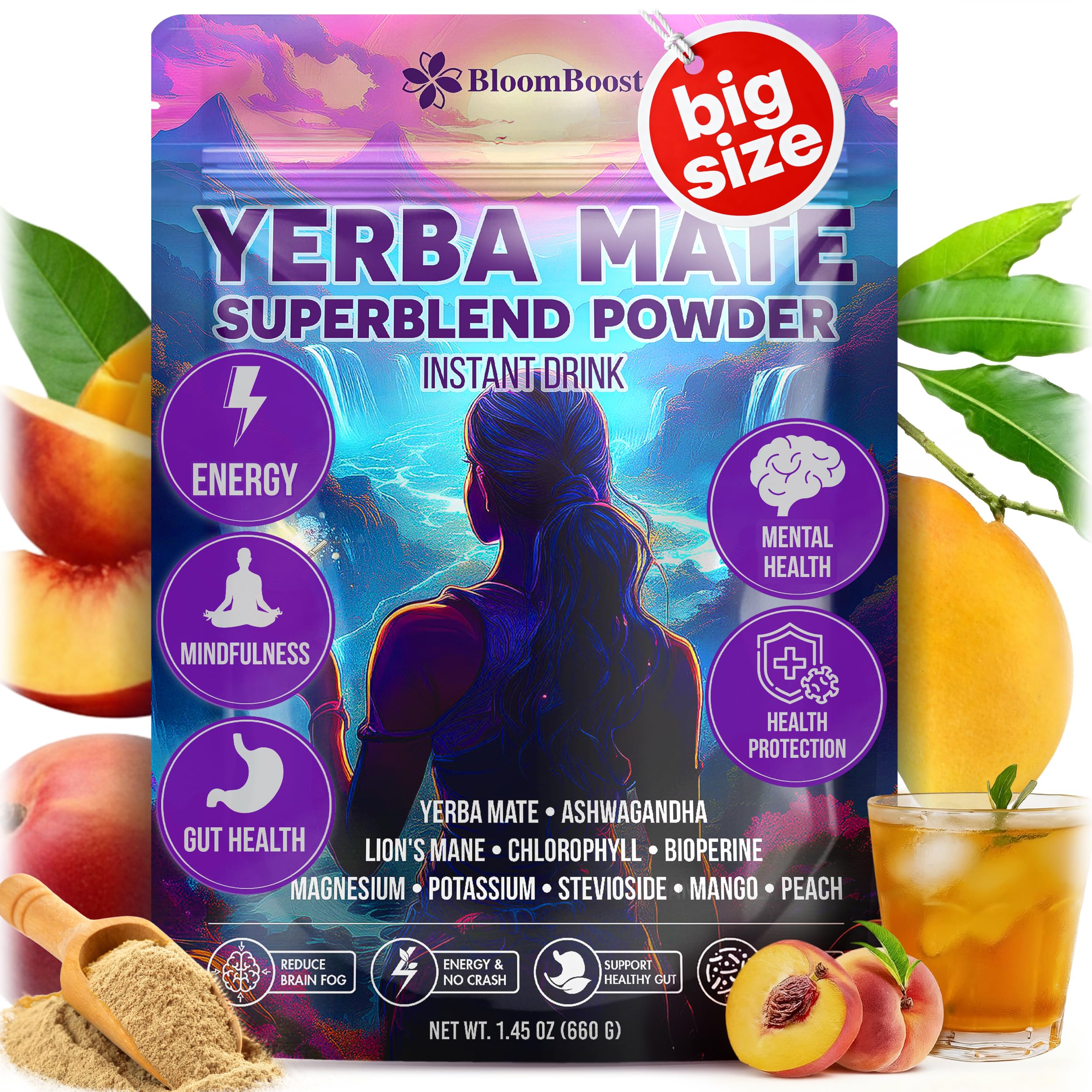 Yerba Mate Instant Tea Powder for Clean Energy & Mental Focus with Lion’s Mane & Ashwagandha, Sugar-Free Superfood Blend – Peach Mango Flavor, 60 Servings