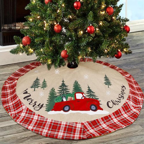 Juegoal 48-Inch Christmas Tree Skirt - Burlap Xmas Mat with Red & White Plaid Edge for Holiday Decor