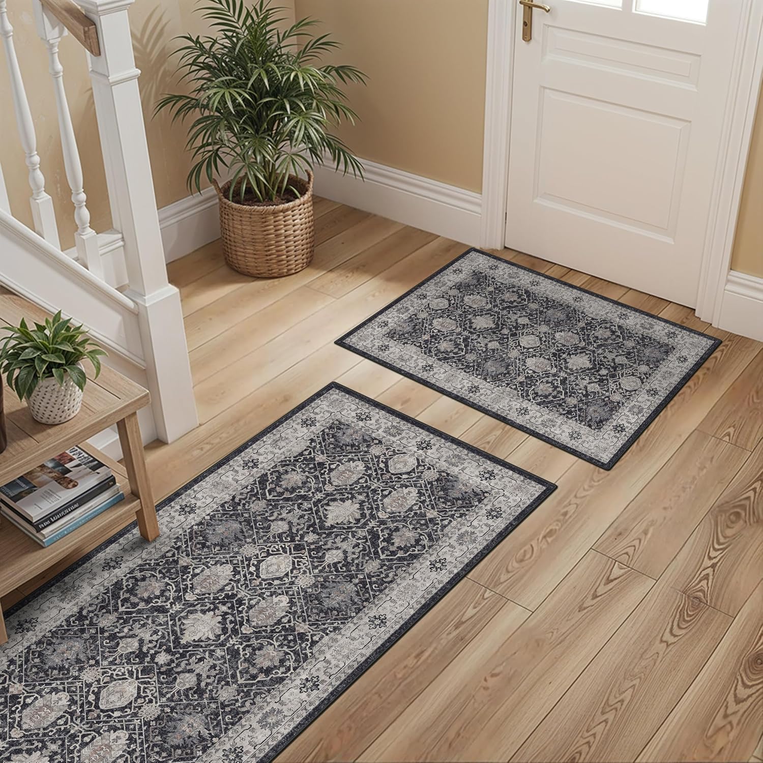Skiennix Kitchen Sink Rugs Set - Washable Non-Slip Mats for High Traffic Areas | Soft Stain Resistant (2x3 + 2x4, Black)