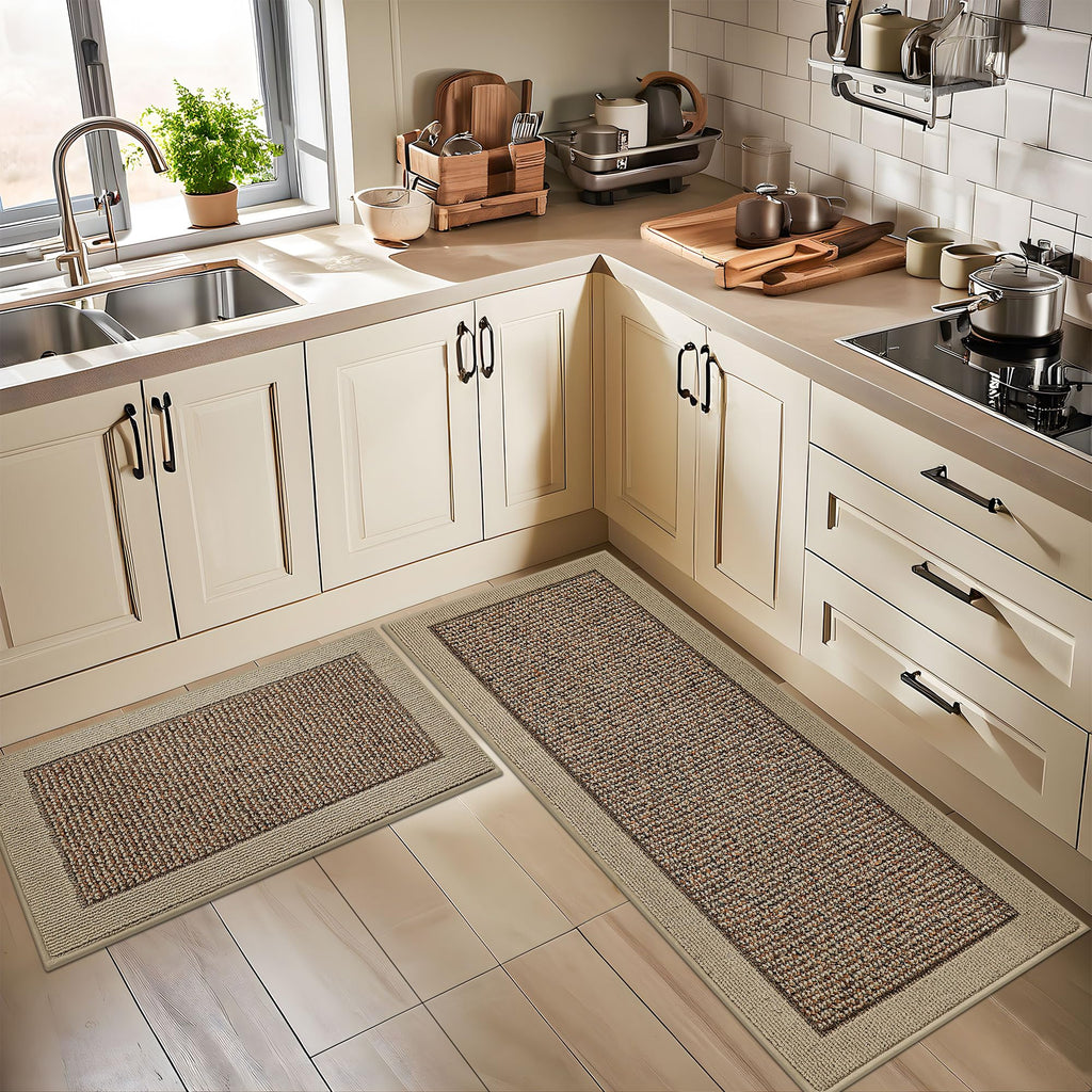 BEQHAUSE Kitchen Rugs and Mats Set of 2 Non-Slip Kitchen Mats for Floor, Absorbent and Stain Resistant Kitchen Runner, Machine Washable Rugs for Kitchen, Laundry & Sink, 24"x36"+24"x60", Taupe