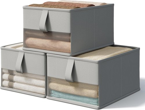 Foldable Storage Bins by [Brand Name] - Breathable Fabric Organizers with Clear Window | 3-Pack, Gray, Perfect for Towels, Clothes, Toys, and Books - 11.5 x 8.75 x 6.5 in
