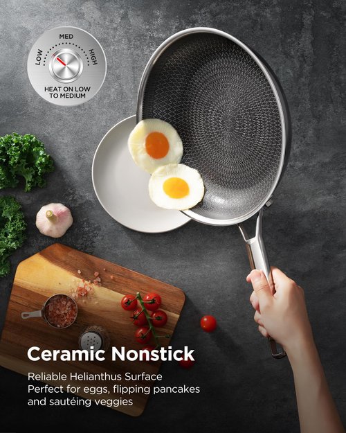 Nonstick Sauce Pan with Lid, Non-Toxic Tri-Ply Hybrid Ceramic Saucepan, 1.5 Quart Stainless Steel Pans, PFAS/PFOA/PTFE Free, Dishwasher & Oven Safe, Induction Compatible