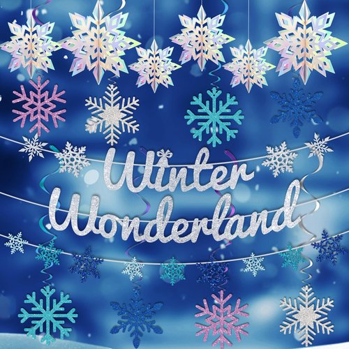 Winter Wonderland Banners, Glittery Snowflakes Hanging Swirls, 3D Laser Paper Snow Flakes for Winter Wonderland Frozen Party Decorations, Christmas Party Decoration, Birthday Home Decor.
