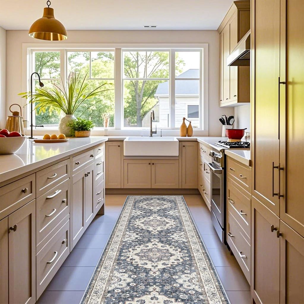 Skiennix Washable 3x12 Hallway Runner Rug - Floral Non-Slip Entryway Carpet | Stain Resistant Blue Mat