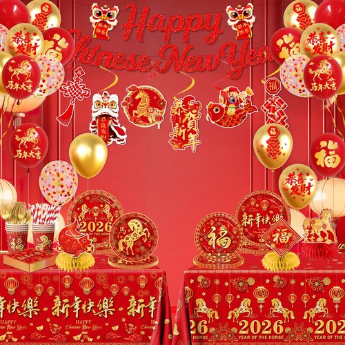 Chinese New Year Tableware,175pcs Chinese New Year Plates and Napkins Cups Tablecloth Banner Honeycomb for Lunar Year Horse Spring Festival