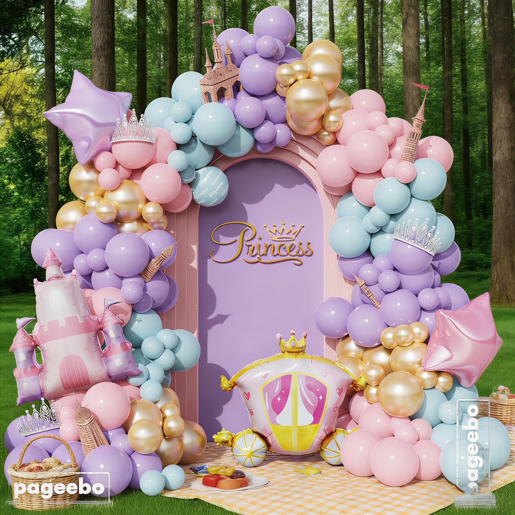 PageebO Princess Balloon Garland Arch, 154Pcs Pastel Blue Pink Purple Gold Balloons with Castle Carriage Star Foil Balloons for Girls Princess Rainbow Baby Shower Birthday Fairytales Party Decortion