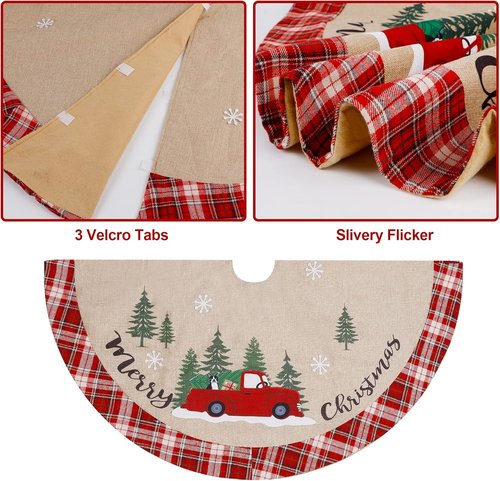 Juegoal 48-Inch Christmas Tree Skirt - Burlap Xmas Mat with Red & White Plaid Edge for Holiday Decor