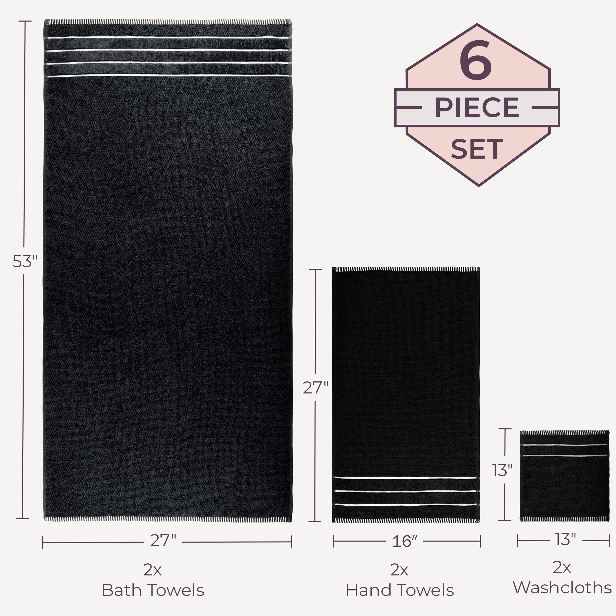 Luxury Cotton Towel Set - Rice Weave 100% Egyptian Cotton 6 Piece Set with 2 Bath Towels, 2 Hand Towels and 2 Washcloths - Black