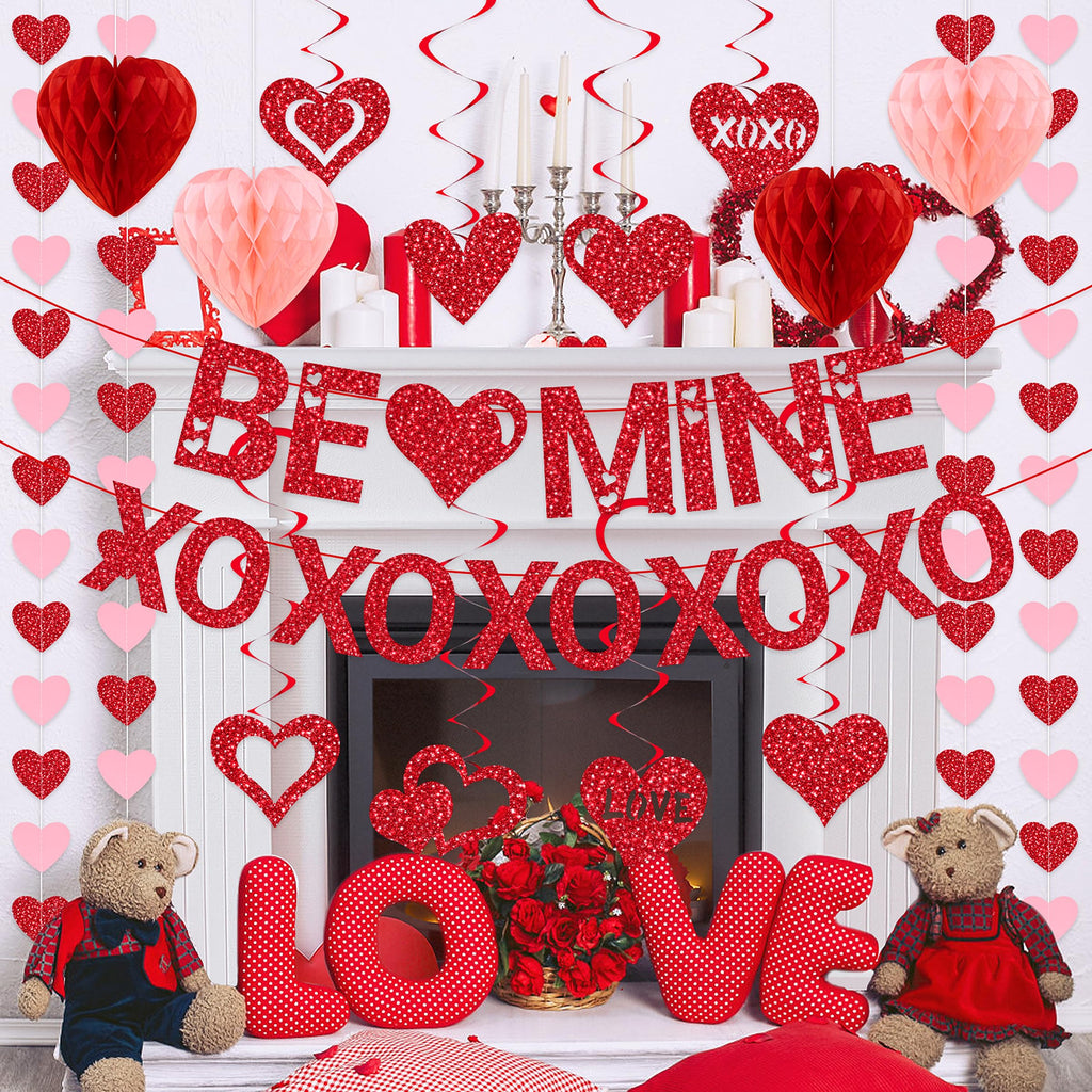 Pre-Strung Valentines Day Decorations, Red BE Mine XO Valentine's Banner,Heart Garlands & Hanging Swirls & Heart Honeycomb for Party Supplies, Valentines Decor Home Anniversary Wedding Bedroom