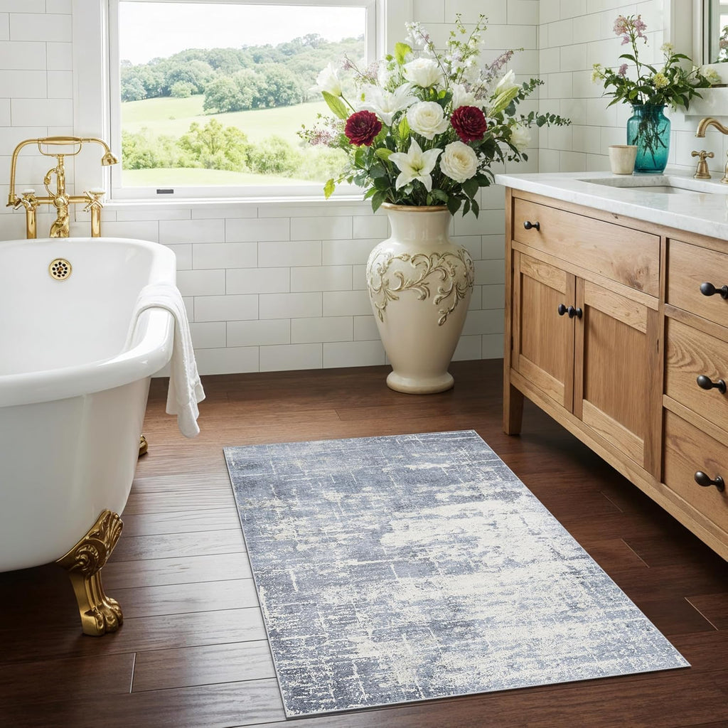 Skiennix Washable 2x3 Entryway Area Rug - Modern Abstract Soft Non-Slip Floor Mat in Blue/Ivory