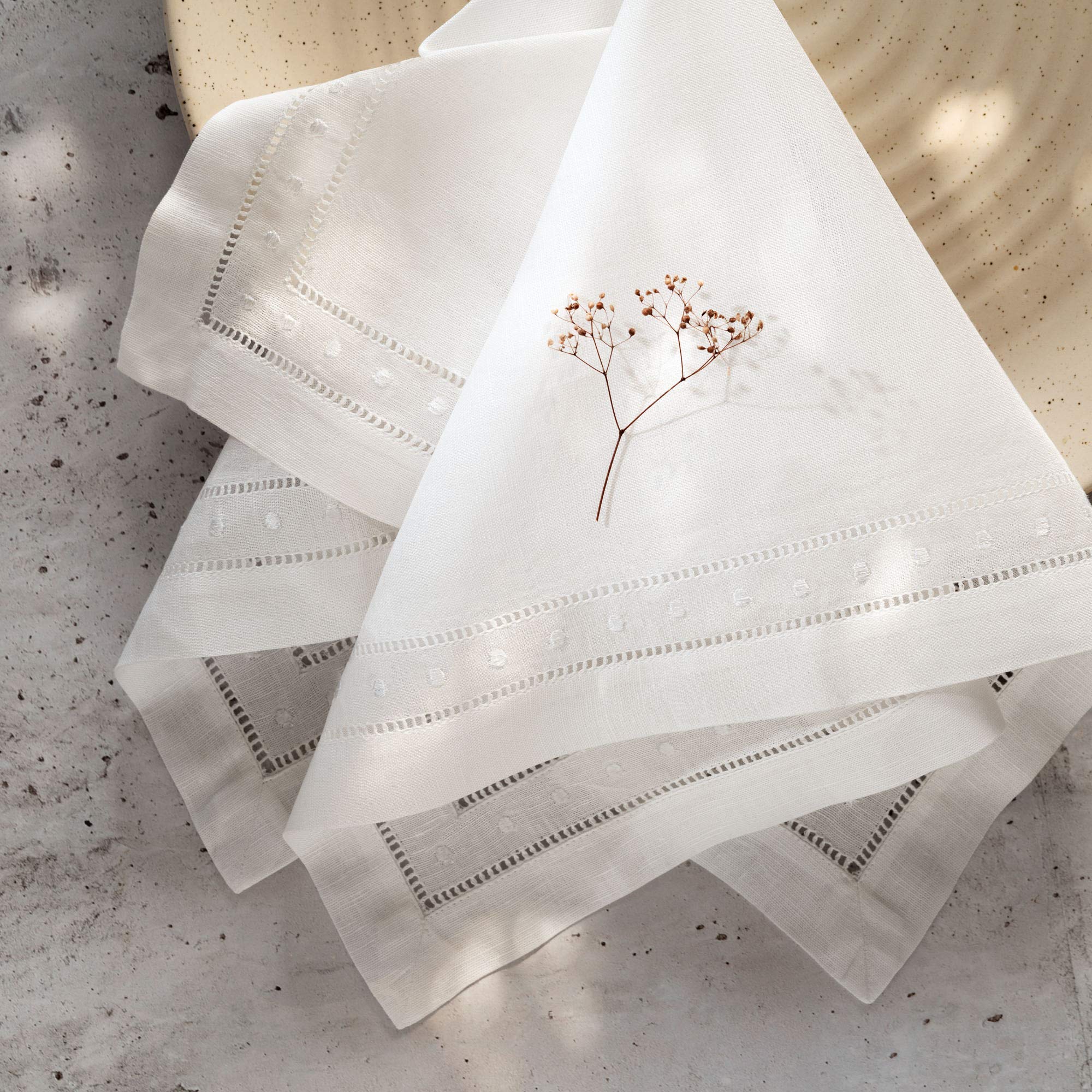Linen Napkins Set of 4-100% Flax Linen White Dinner Napkins with Embroidered Dot 18 x 18 inch - Hemstitch Cloth Napkins Washable for Summer, Father's Day, 4th of July and Wedding