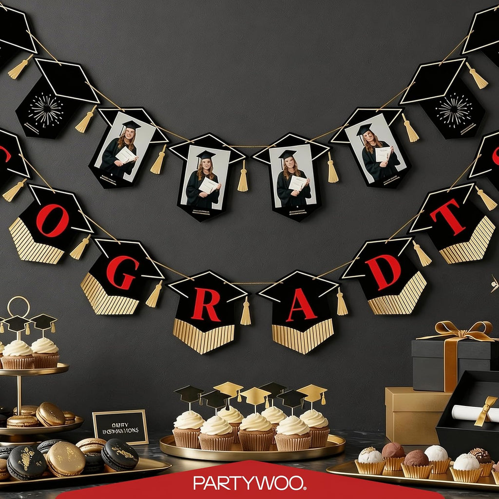 PartyWoo Graduation Banner - Class of 2026 Black and Red Decorations | 2-Piece Hanging Congrats Grad Set