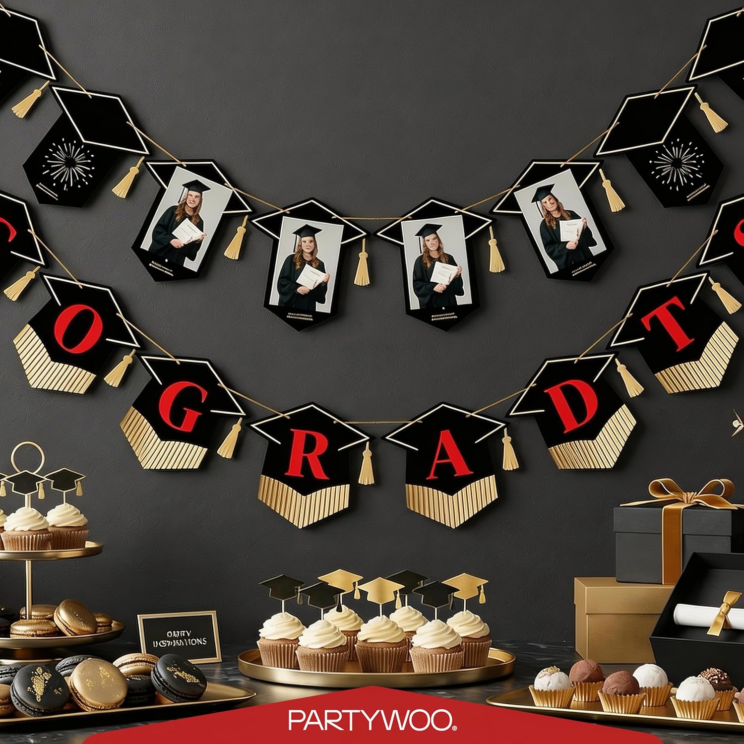 PartyWoo Graduation Banner - Class of 2026 Black and Red Decorations | 2-Piece Hanging Congrats Grad Set