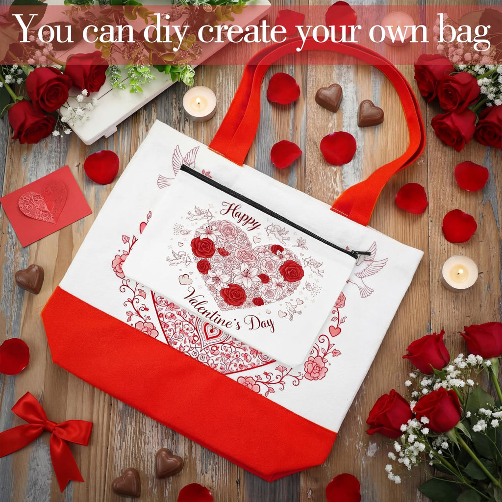Moukeren 24 Pcs Canvas Tote Bag Bulk with Makeup Bag 13 x 15 Inches Medium 10 oz Lightweight Reusable Grocery Shopping Tote for DIY Sublimation Blank Galentine Valentine's Day Craft Gift Market(Patch)