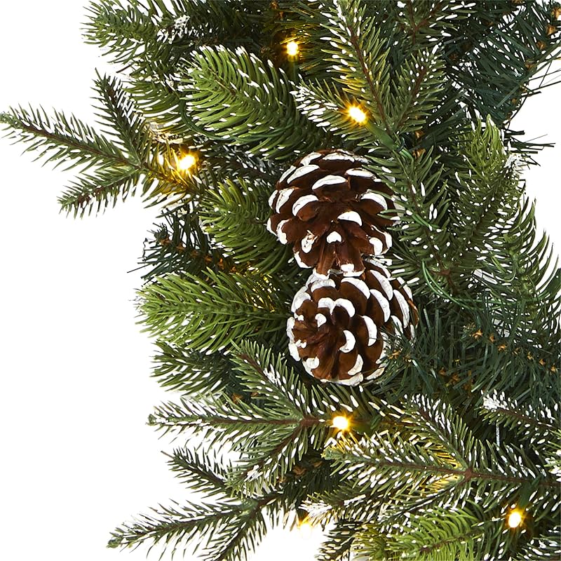 24-Inch Pre-Lit Christmas Wreath with Snowed Pinecones, 35 LEDs