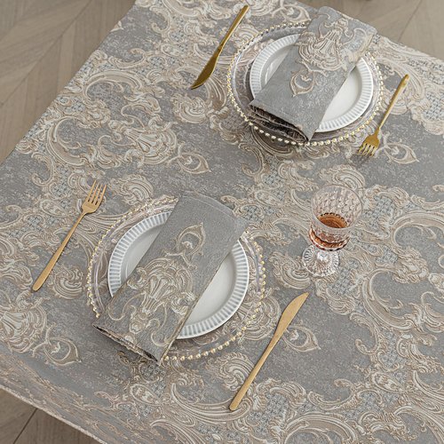 Loom and Mill Grey Damask Tablecloth 60 x 120 Inches, Thick Chenille Jacquard Rectangle Table Cover with Handmade Tassels for Dining Room Christmas Banquet Decorations (Grey, 60"x120")