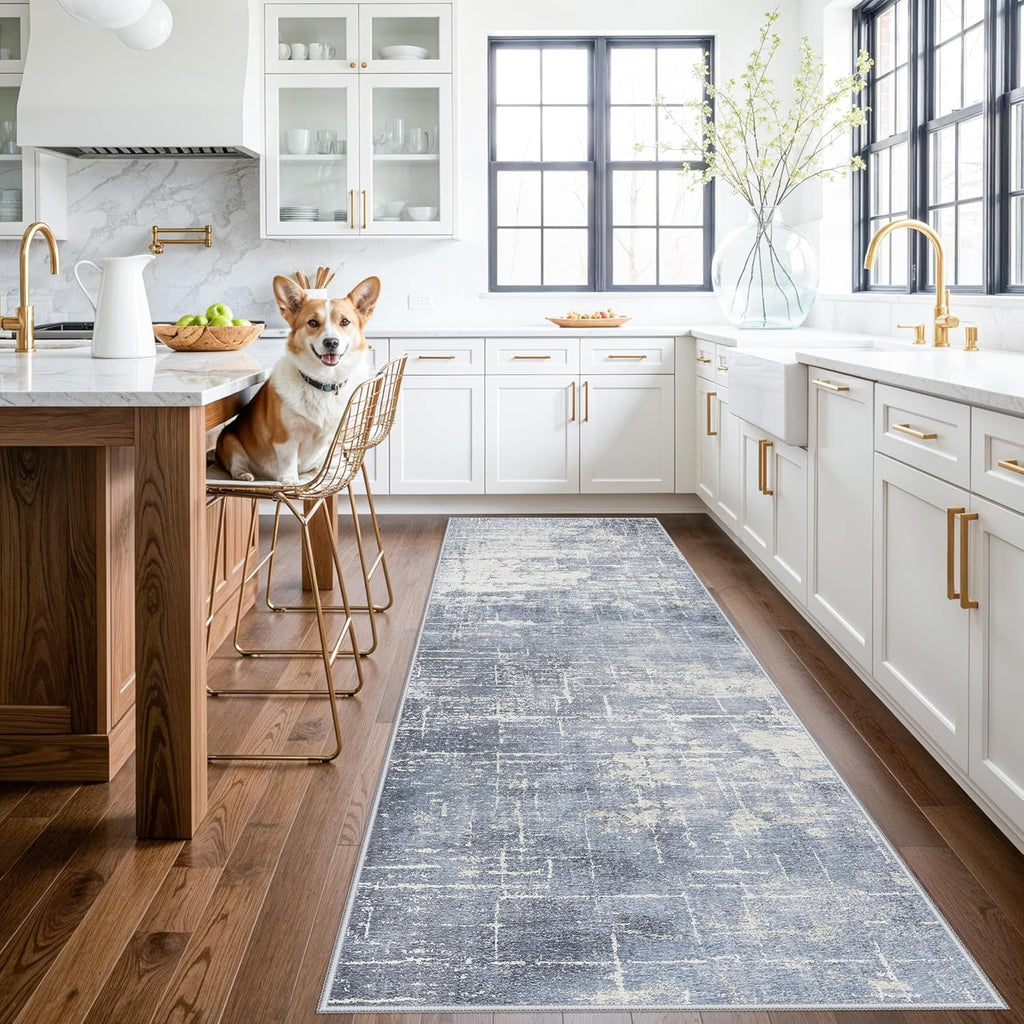 Skiennix Abstract 3x10 Kitchen Rug Runner - Washable Non-Slip Soft Indoor Carpet | Blue/Ivory Design for Living Room & Hallway