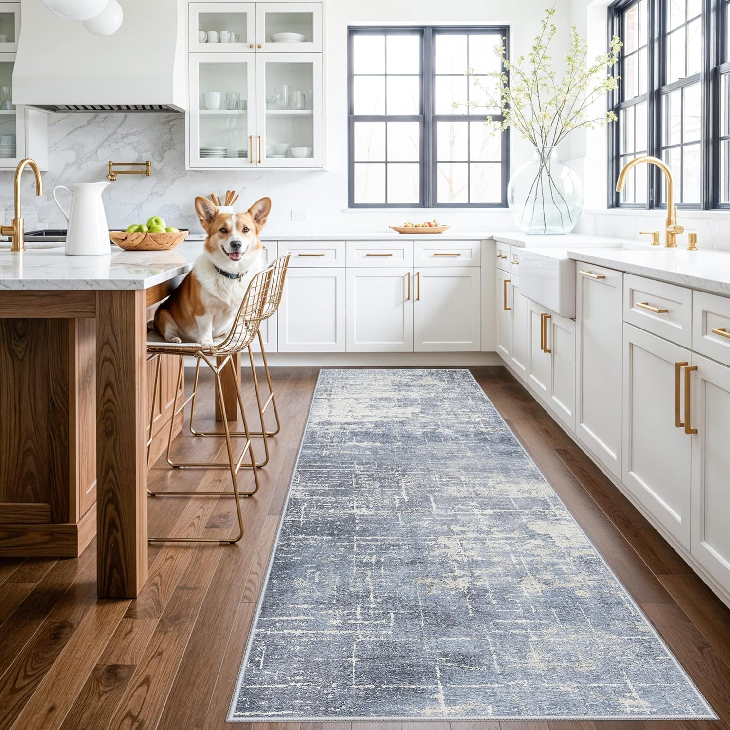Skiennix Abstract 3x10 Kitchen Rug Runner - Washable Non-Slip Soft Indoor Carpet | Blue/Ivory Design for Living Room & Hallway