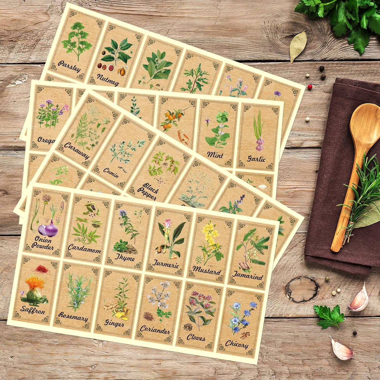 Skiennix 48PCS Herb & Spice Labels - Vintage Stickers for Jar Organization | 1.4"x2.4" Size