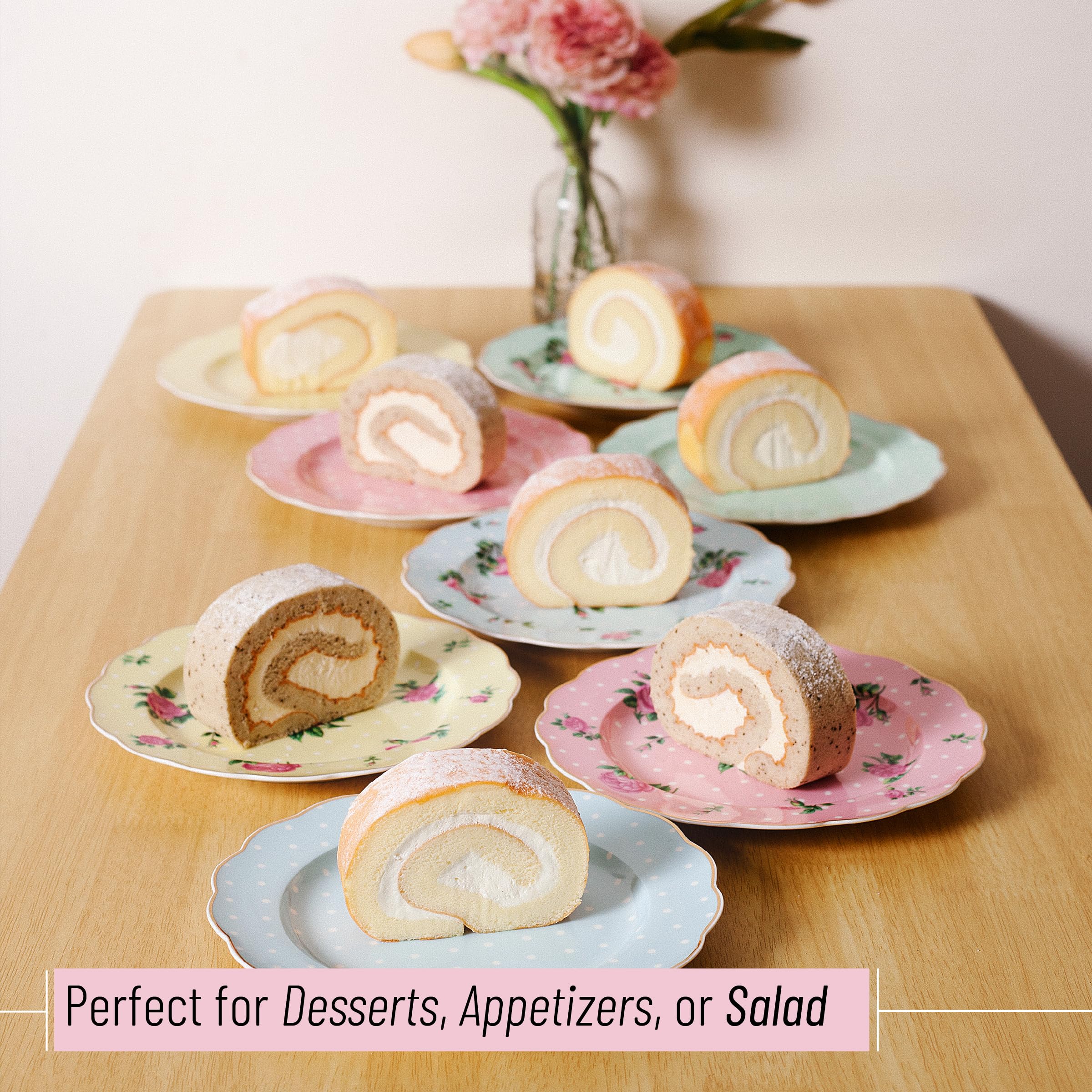 BTaT- Porcelain Floral Plates Set of 8, 8 Inch, Assorted Pastel Colors with Golden Rim, Floral Dessert Plates, Spring Dinnerware, Dishwasher & Freezer Safe, Mothers Day Gift